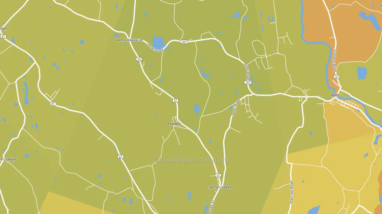 Map of the best neighborhoods in the 06254 area, with better matches in green and worse matches in red
