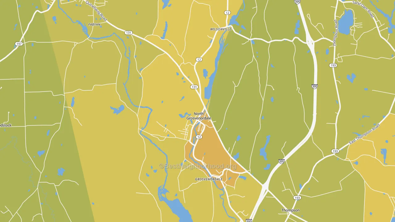 Map of the best neighborhoods in the 06255 area, with better matches in green and worse matches in red