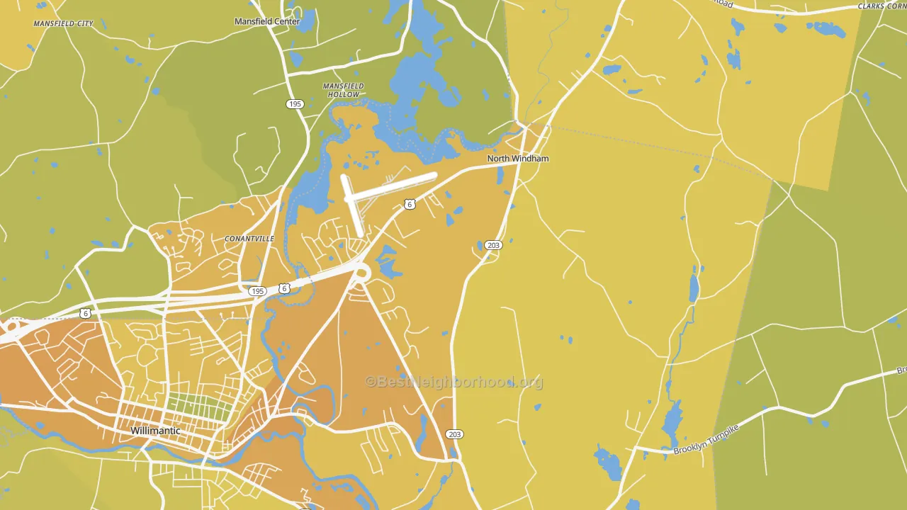 Map of the best neighborhoods in the 06256 area, with better matches in green and worse matches in red