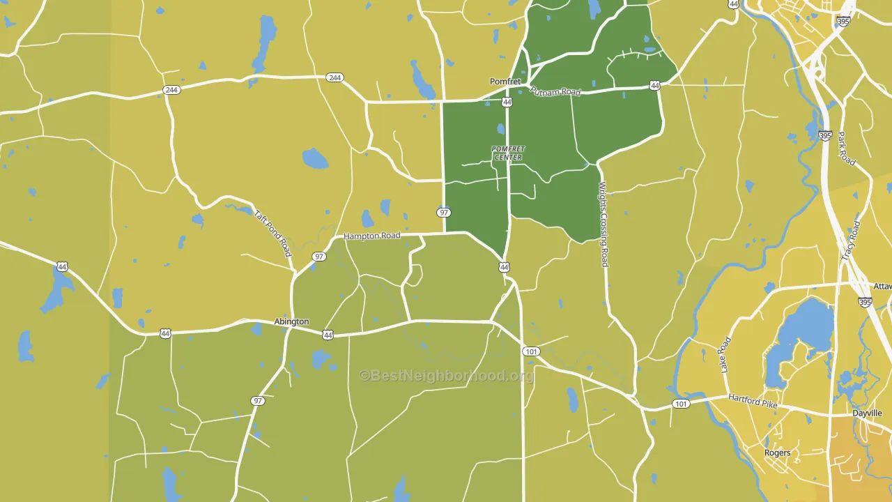Map of the best neighborhoods in the 06259 area, with better matches in green and worse matches in red