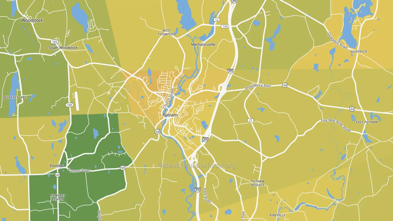 Map of the best neighborhoods in the 06260 area, with better matches in green and worse matches in red