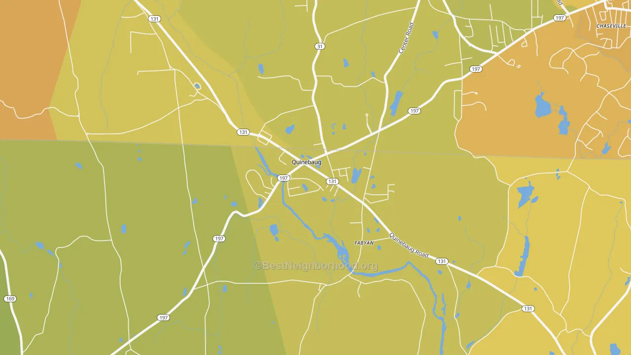 Map of the best neighborhoods in the 06262 area, with better matches in green and worse matches in red