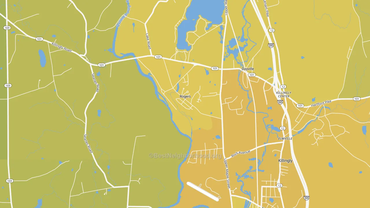 Map of the best neighborhoods in the 06263 area, with better matches in green and worse matches in red
