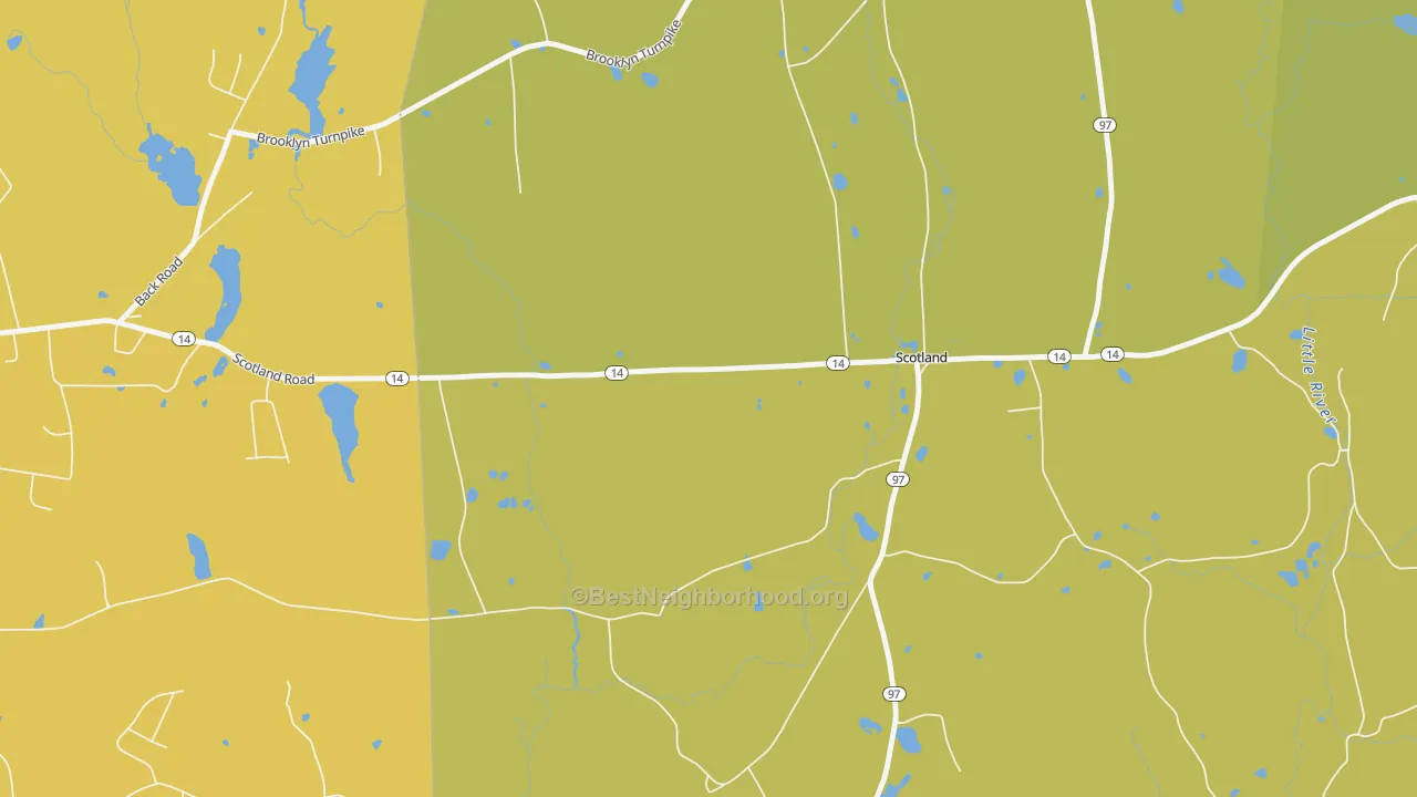Map of the best neighborhoods in the 06264 area, with better matches in green and worse matches in red