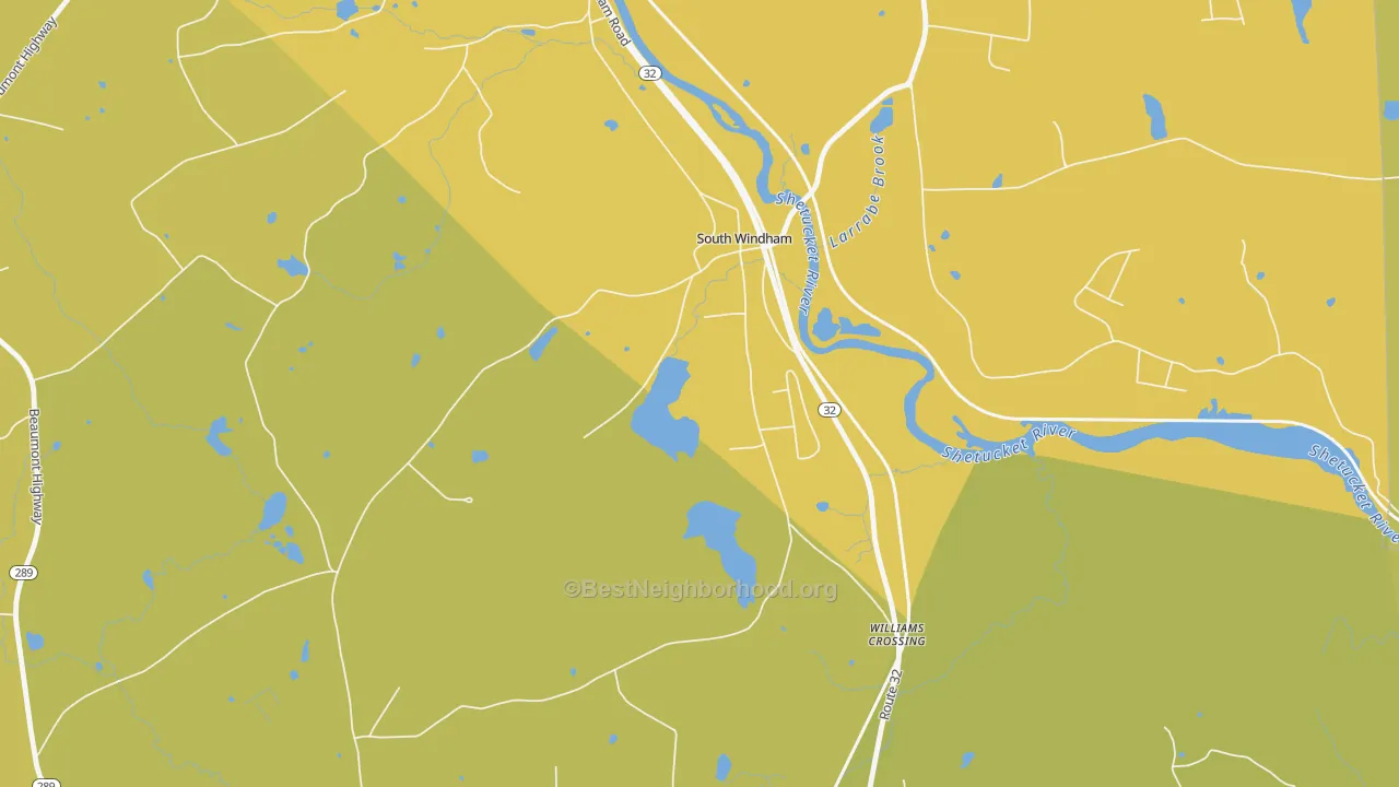 Map of the best neighborhoods in the 06266 area, with better matches in green and worse matches in red