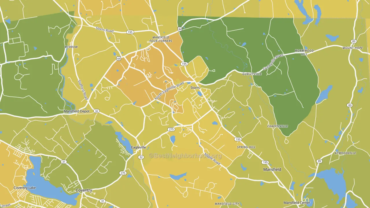 Map of the best neighborhoods in the 06268 area, with better matches in green and worse matches in red
