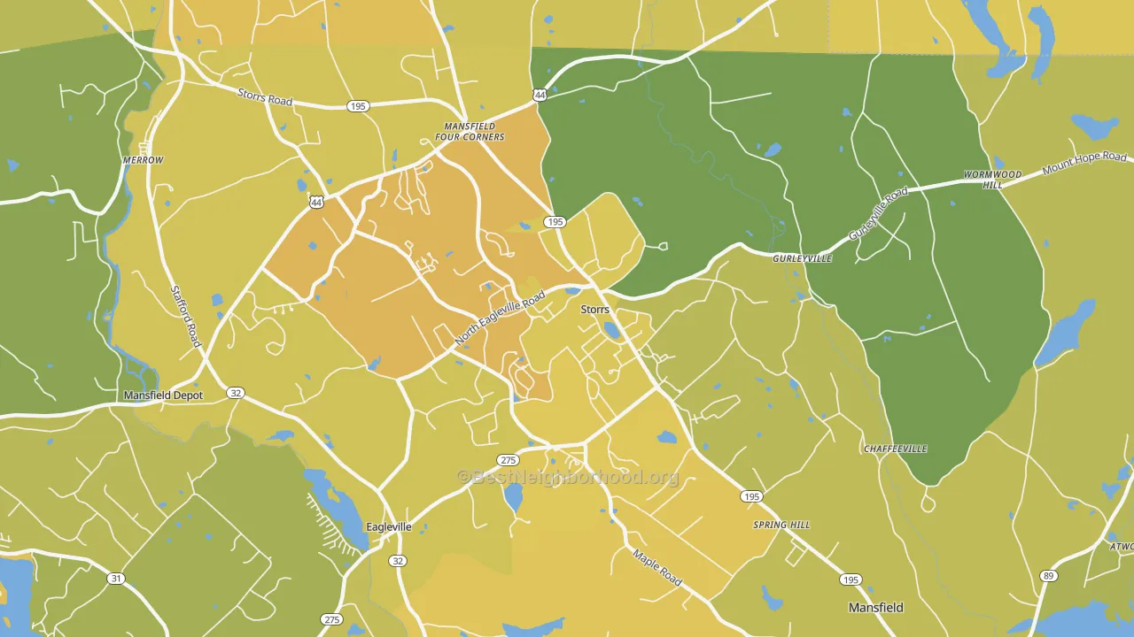 Map of the best neighborhoods in the 06269 area, with better matches in green and worse matches in red