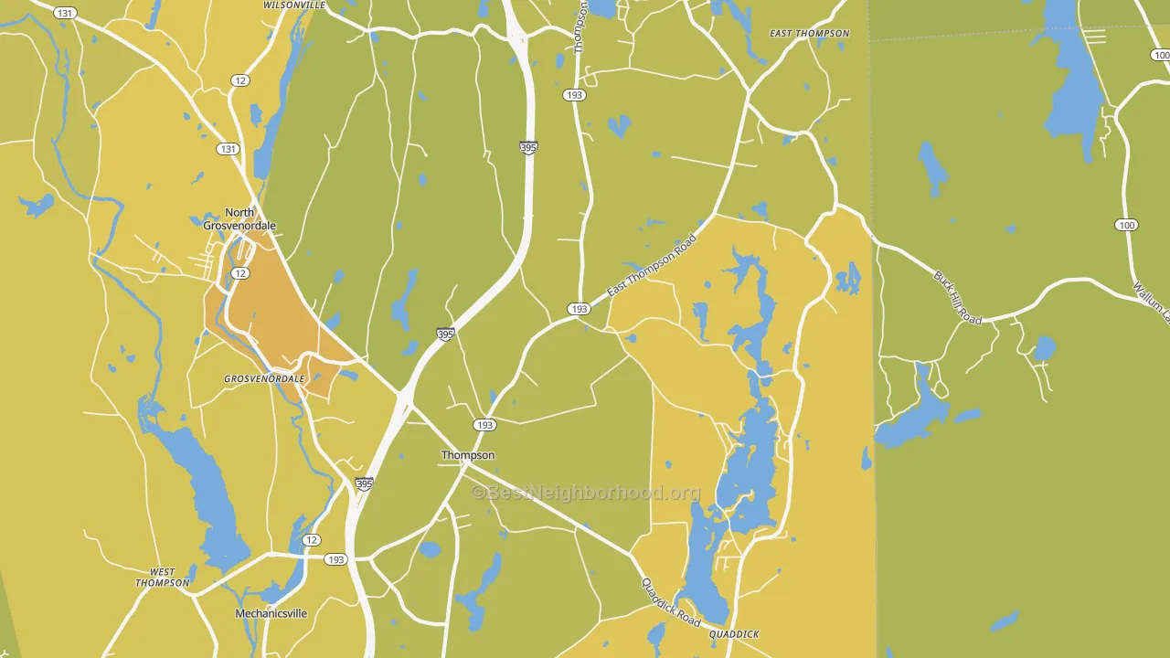 Map of the best neighborhoods in the 06277 area, with better matches in green and worse matches in red