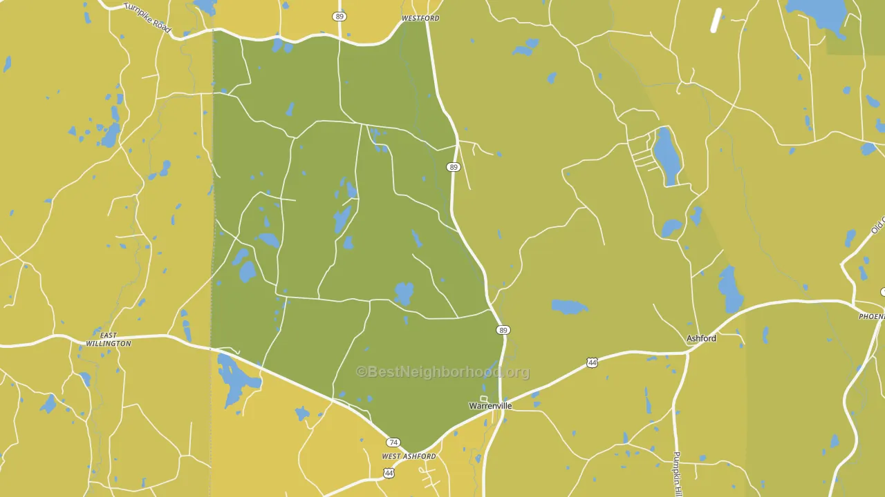 Map of the best neighborhoods in the 06278 area, with better matches in green and worse matches in red