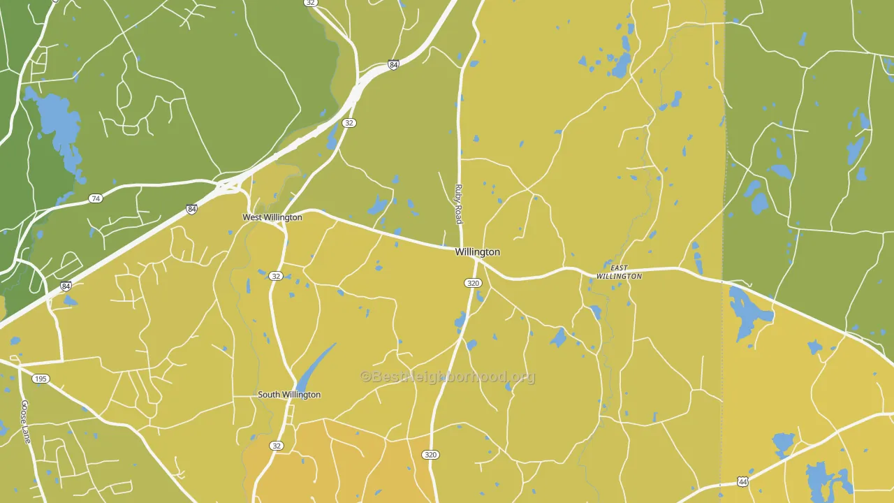 Map of the best neighborhoods in the 06279 area, with better matches in green and worse matches in red