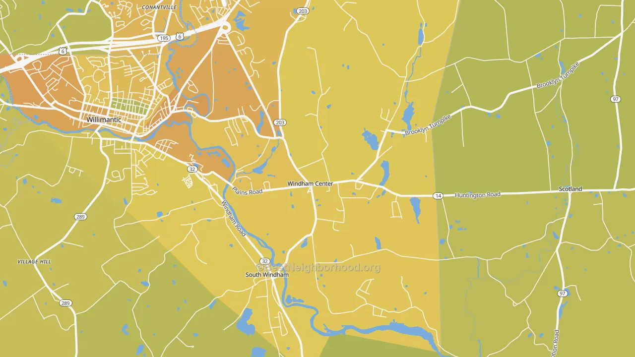 Map of the best neighborhoods in the 06280 area, with better matches in green and worse matches in red