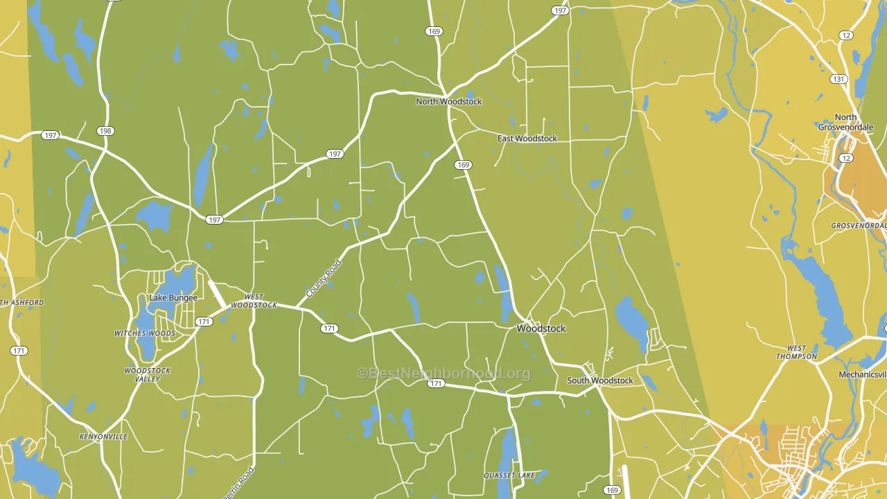 Map of the best neighborhoods in the 06281 area, with better matches in green and worse matches in red