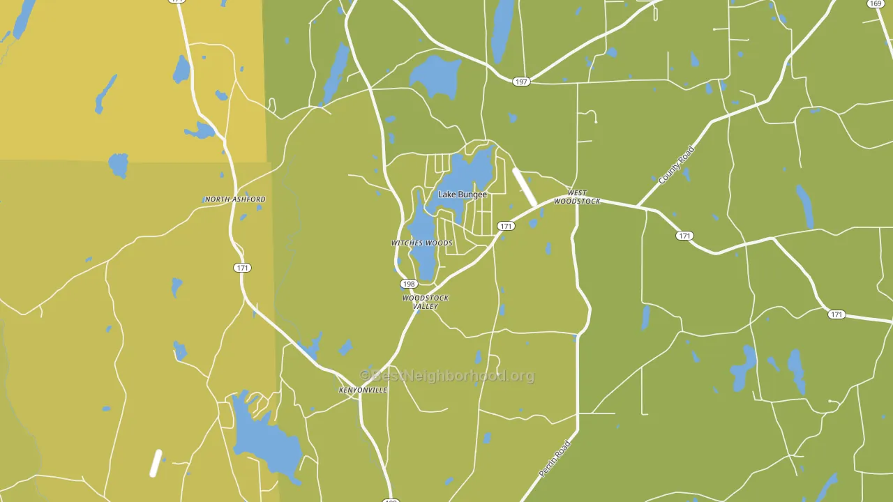 Map of the best neighborhoods in the 06282 area, with better matches in green and worse matches in red