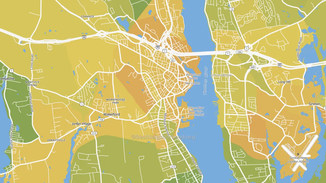 Map of the best neighborhoods in the 06320 area, with better matches in green and worse matches in red