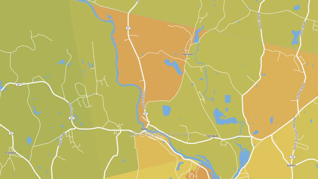 Map of the best neighborhoods in the 06330 area, with better matches in green and worse matches in red
