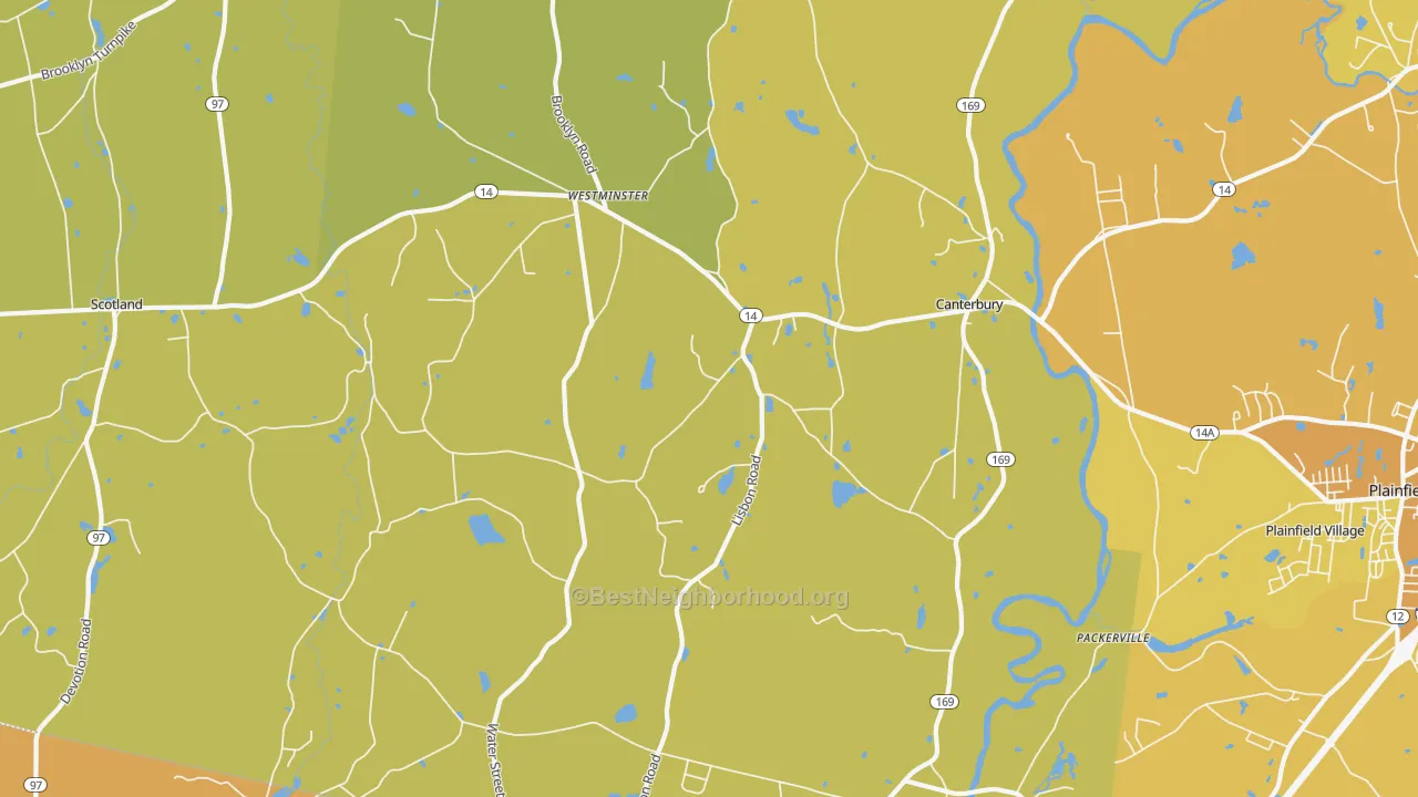 Map of the best neighborhoods in the 06331 area, with better matches in green and worse matches in red