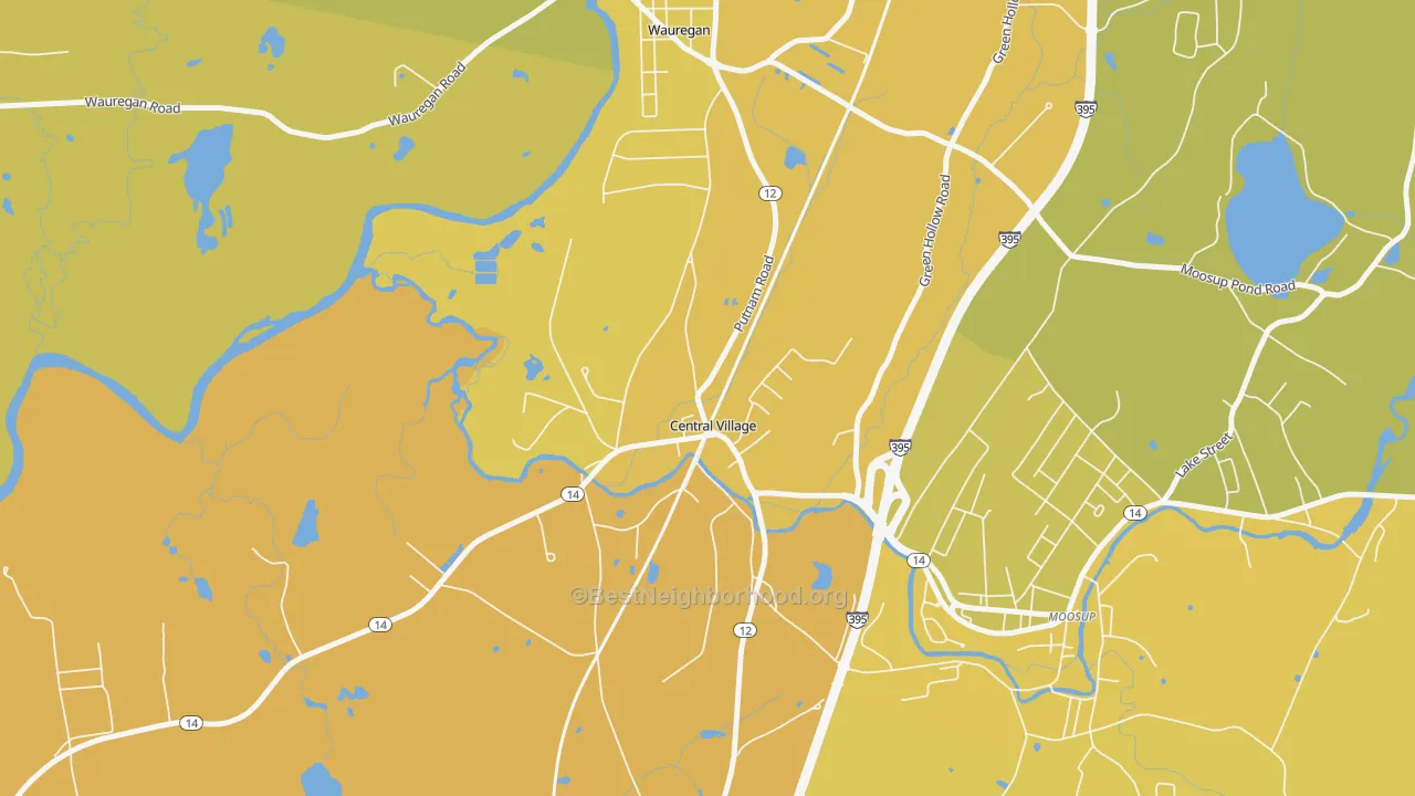 Map of the best neighborhoods in the 06332 area, with better matches in green and worse matches in red
