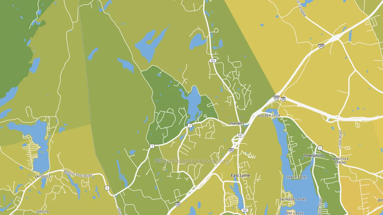 Map of the best neighborhoods in the 06333 area, with better matches in green and worse matches in red