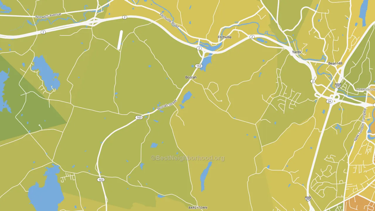 Map of the best neighborhoods in the 06334 area, with better matches in green and worse matches in red