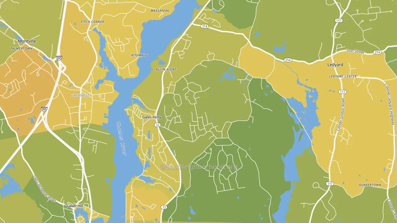 Map of the best neighborhoods in the 06335 area, with better matches in green and worse matches in red