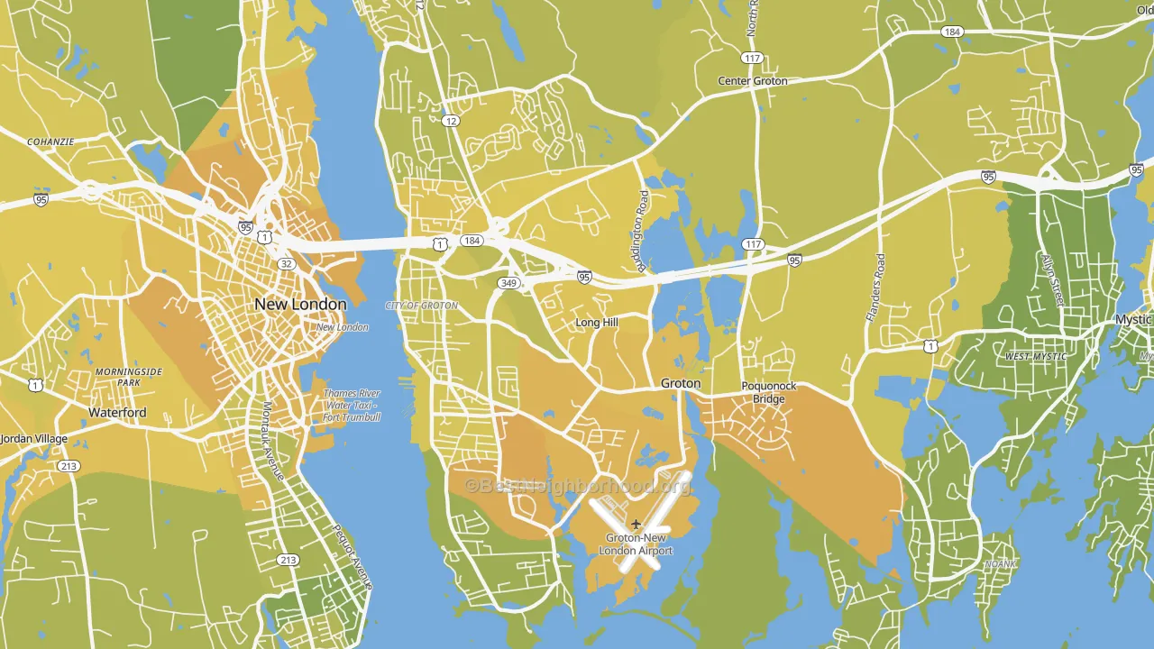 Map of the best neighborhoods in the 06340 area, with better matches in green and worse matches in red