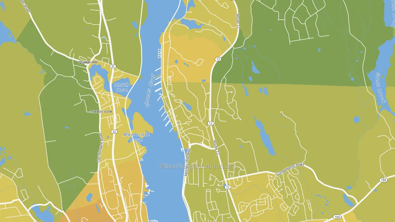 Map of the best neighborhoods in the 06349 area, with better matches in green and worse matches in red