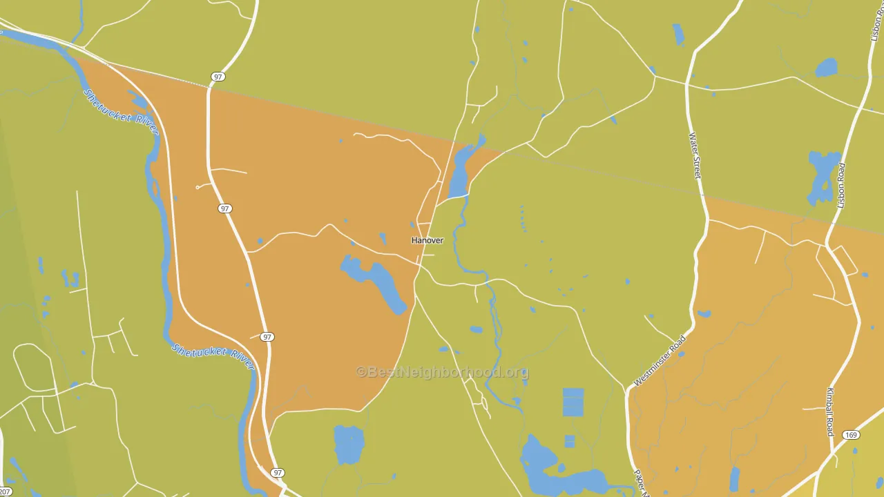 Map of the best neighborhoods in the 06350 area, with better matches in green and worse matches in red