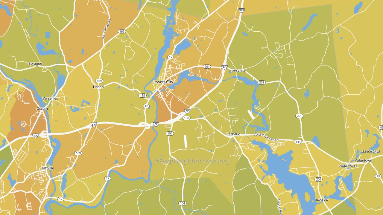 Map of the best neighborhoods in the 06351 area, with better matches in green and worse matches in red