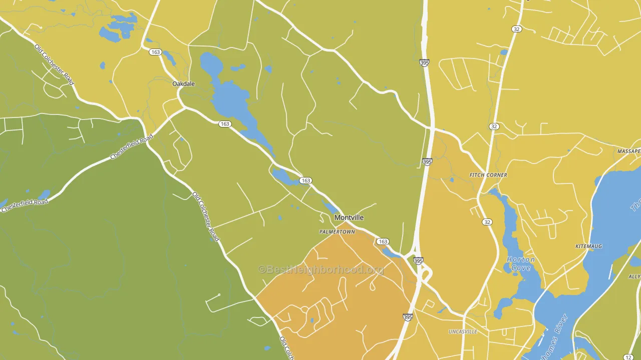 Map of the best neighborhoods in the 06353 area, with better matches in green and worse matches in red