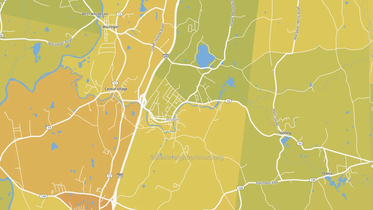 Map of the best neighborhoods in the 06354 area, with better matches in green and worse matches in red