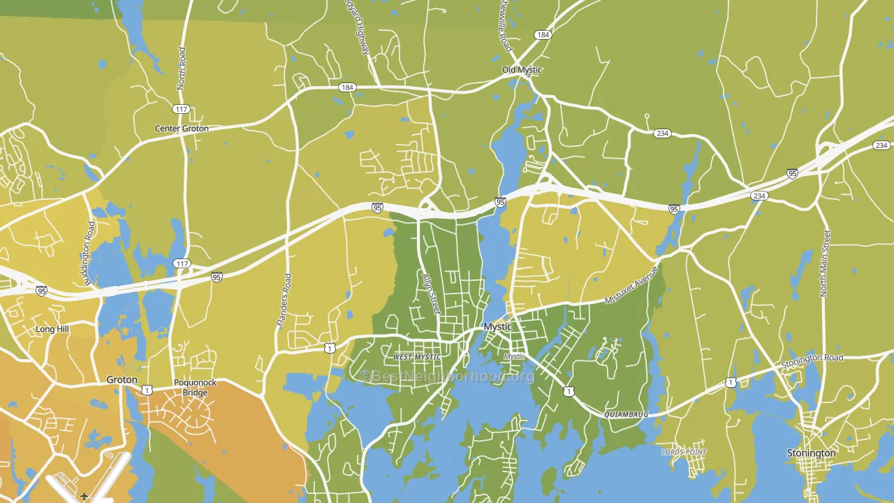 Map of the best neighborhoods in the 06355 area, with better matches in green and worse matches in red