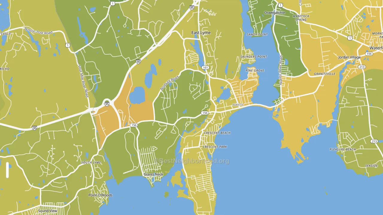 Map of the best neighborhoods in the 06357 area, with better matches in green and worse matches in red