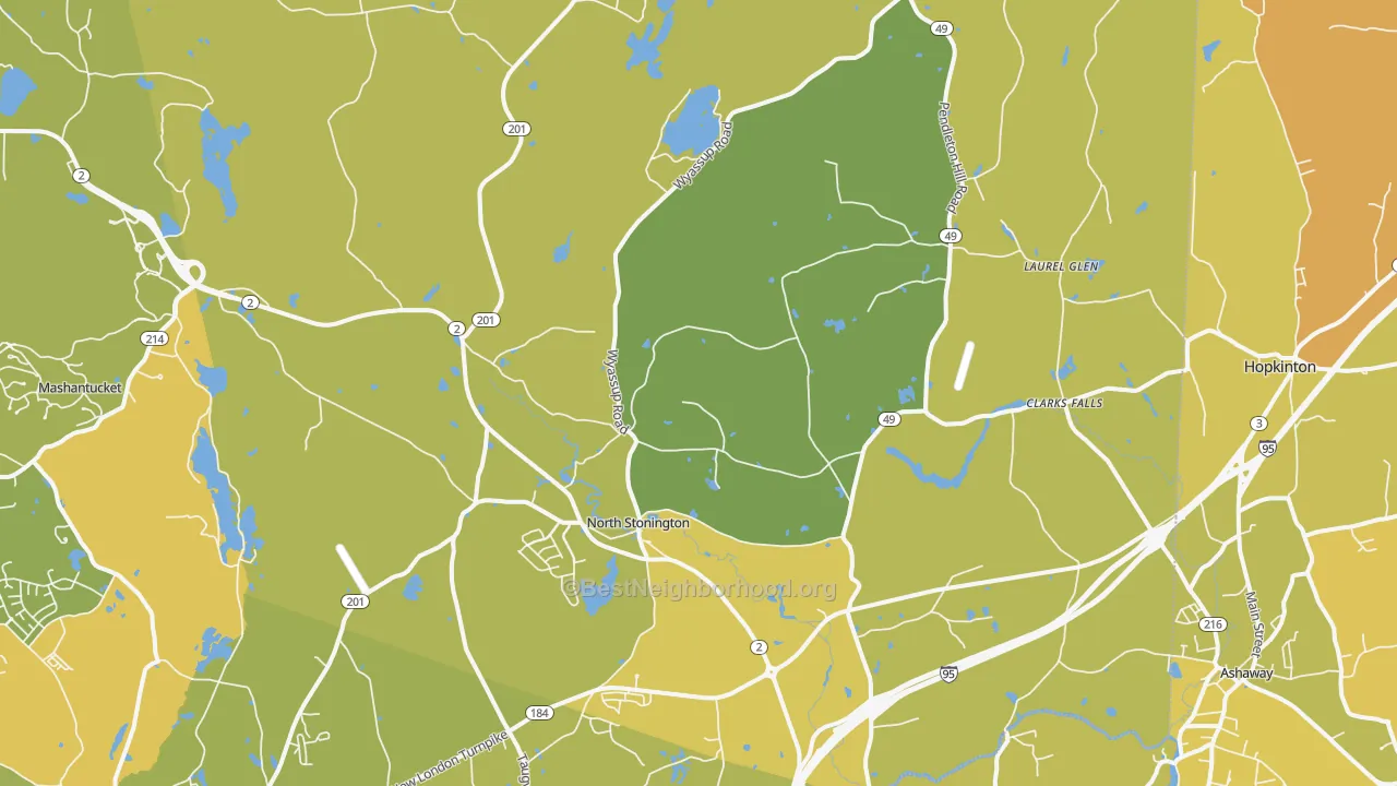 Map of the best neighborhoods in the 06359 area, with better matches in green and worse matches in red