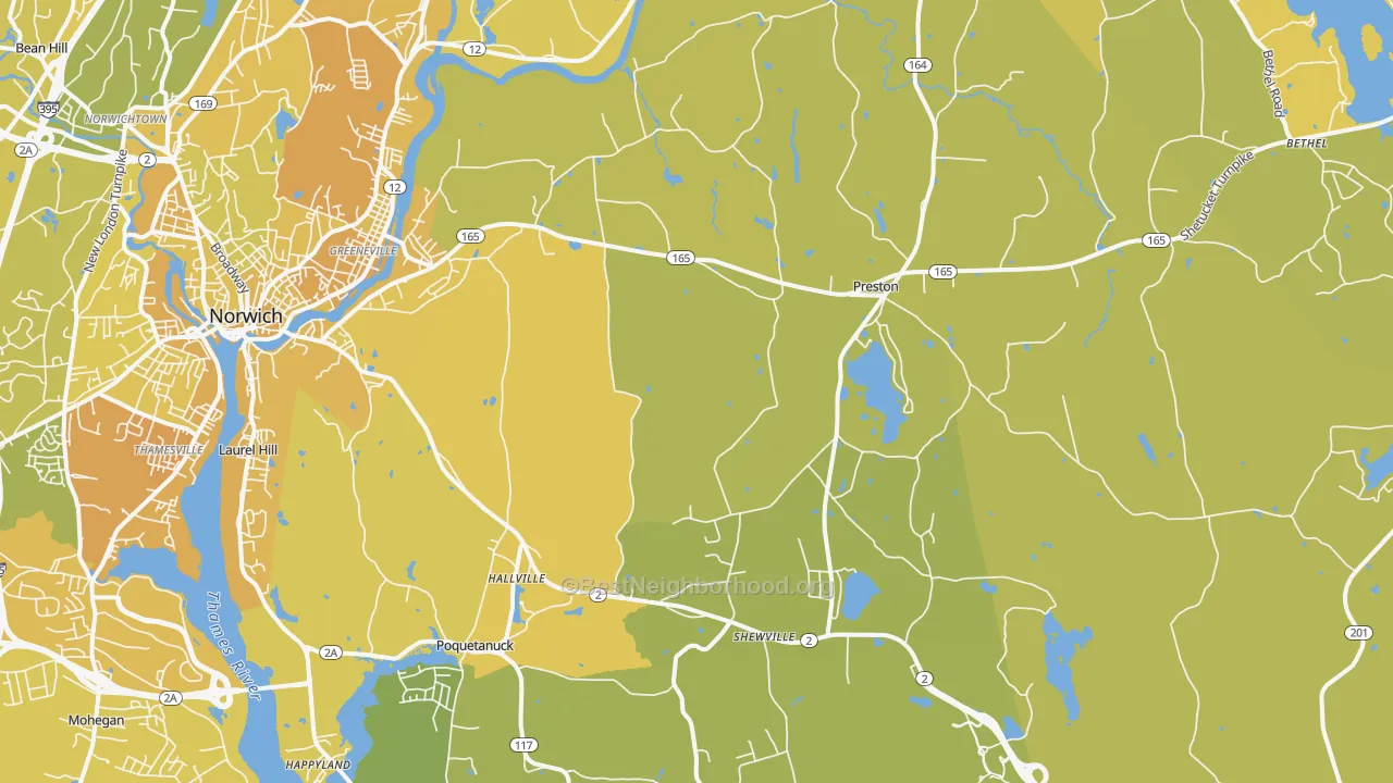 Map of the best neighborhoods in the 06365 area, with better matches in green and worse matches in red
