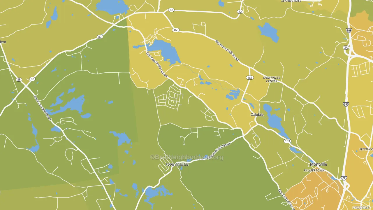 Map of the best neighborhoods in the 06370 area, with better matches in green and worse matches in red