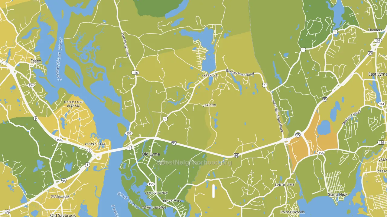 Map of the best neighborhoods in the 06371 area, with better matches in green and worse matches in red