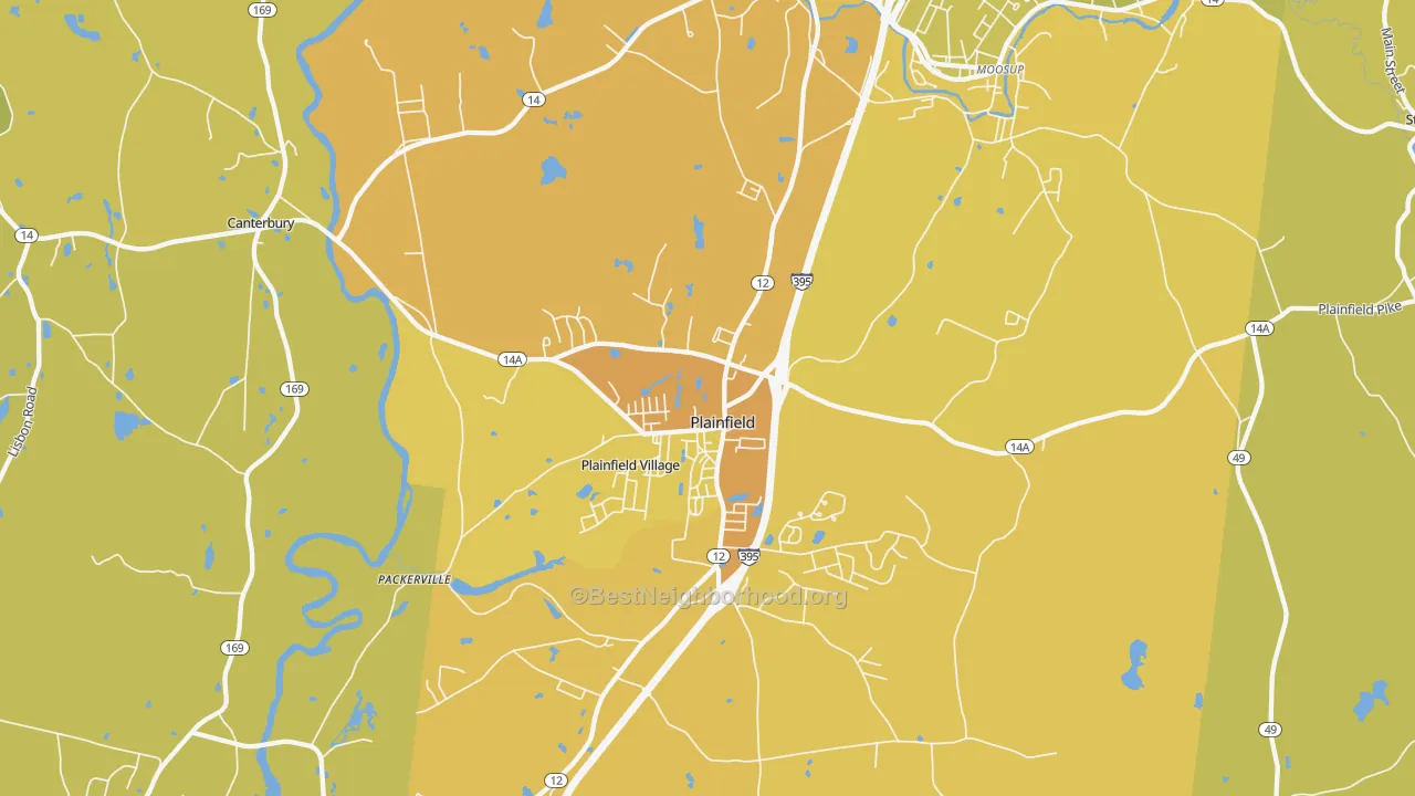 Map of the best neighborhoods in the 06374 area, with better matches in green and worse matches in red