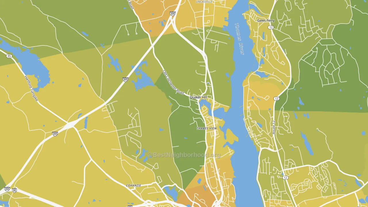 Map of the best neighborhoods in the 06375 area, with better matches in green and worse matches in red