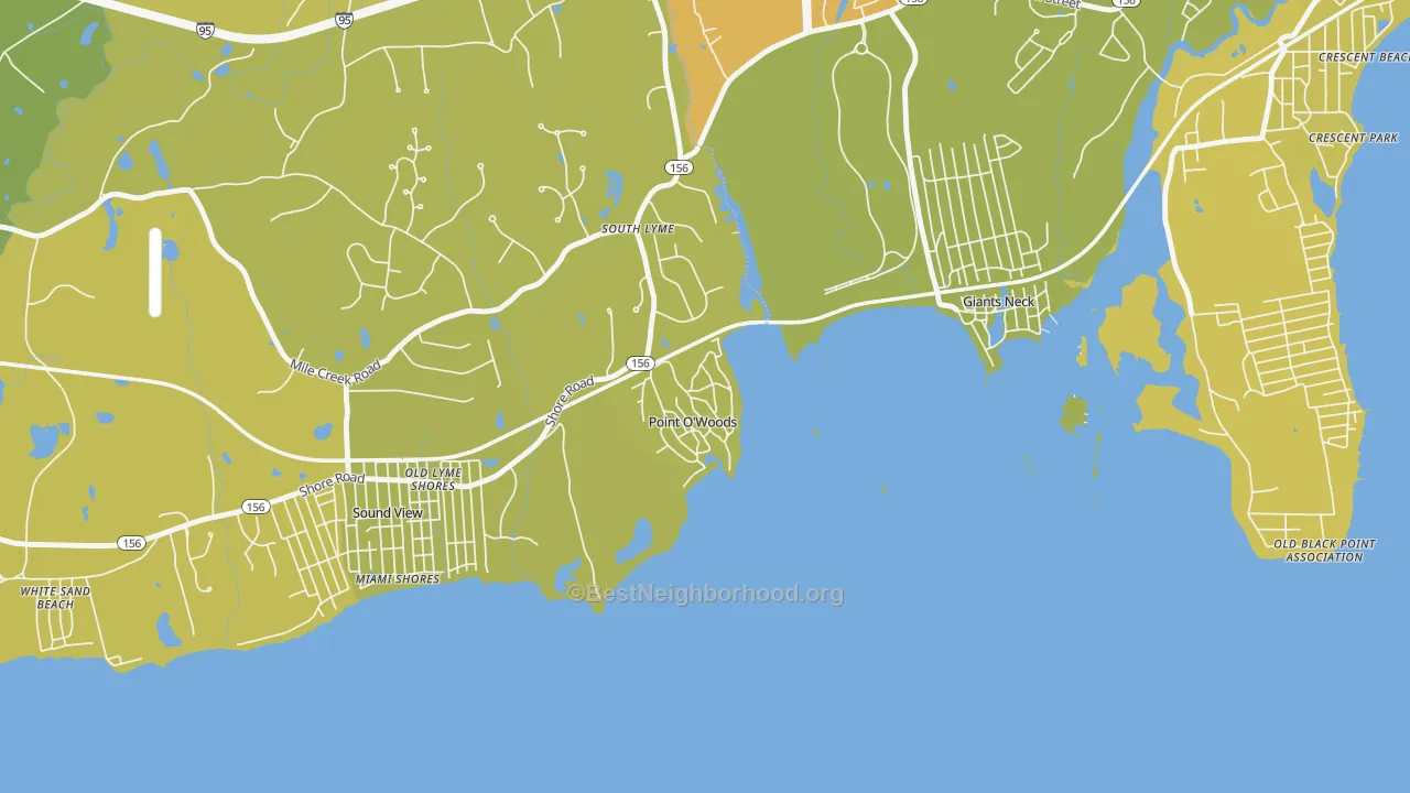 Map of the best neighborhoods in the 06376 area, with better matches in green and worse matches in red