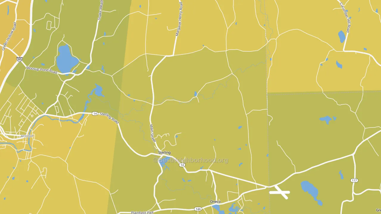 Map of the best neighborhoods in the 06377 area, with better matches in green and worse matches in red
