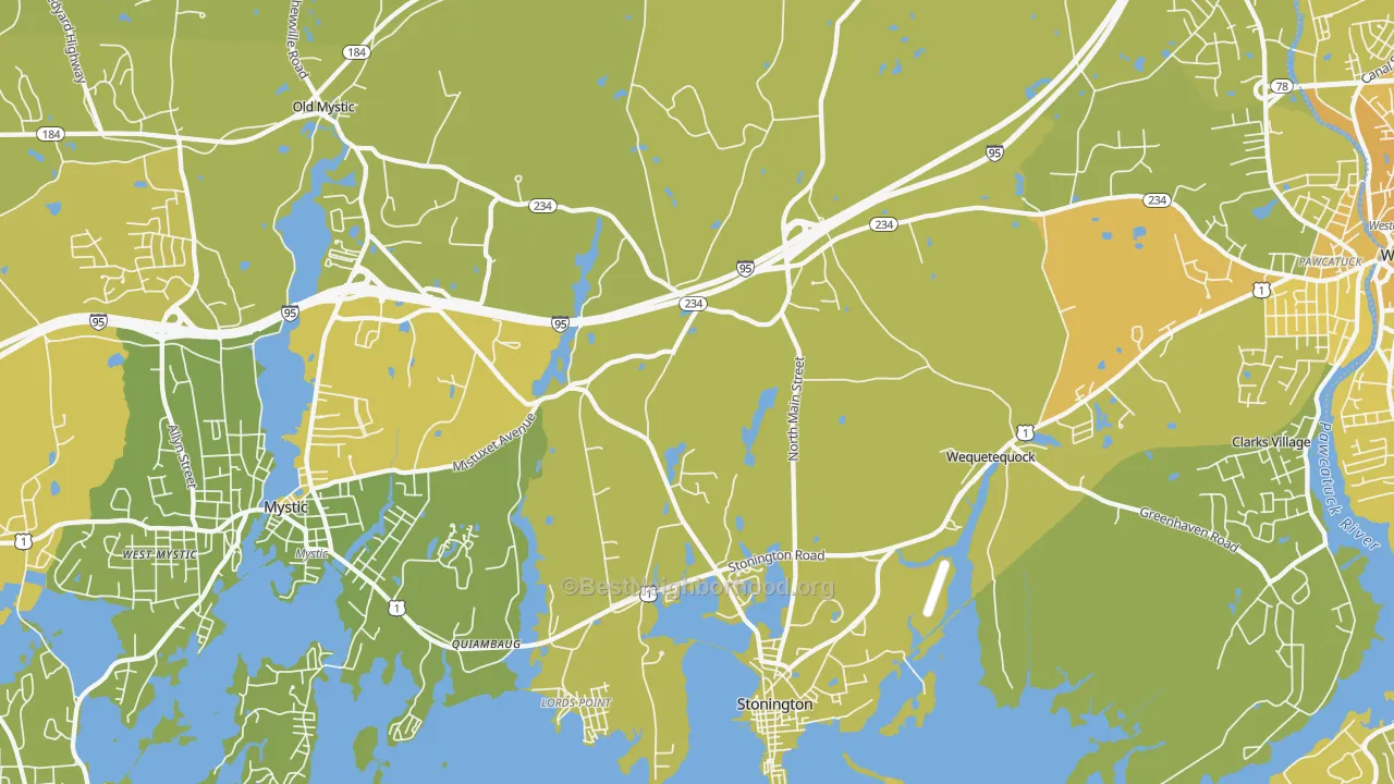 Map of the best neighborhoods in the 06378 area, with better matches in green and worse matches in red