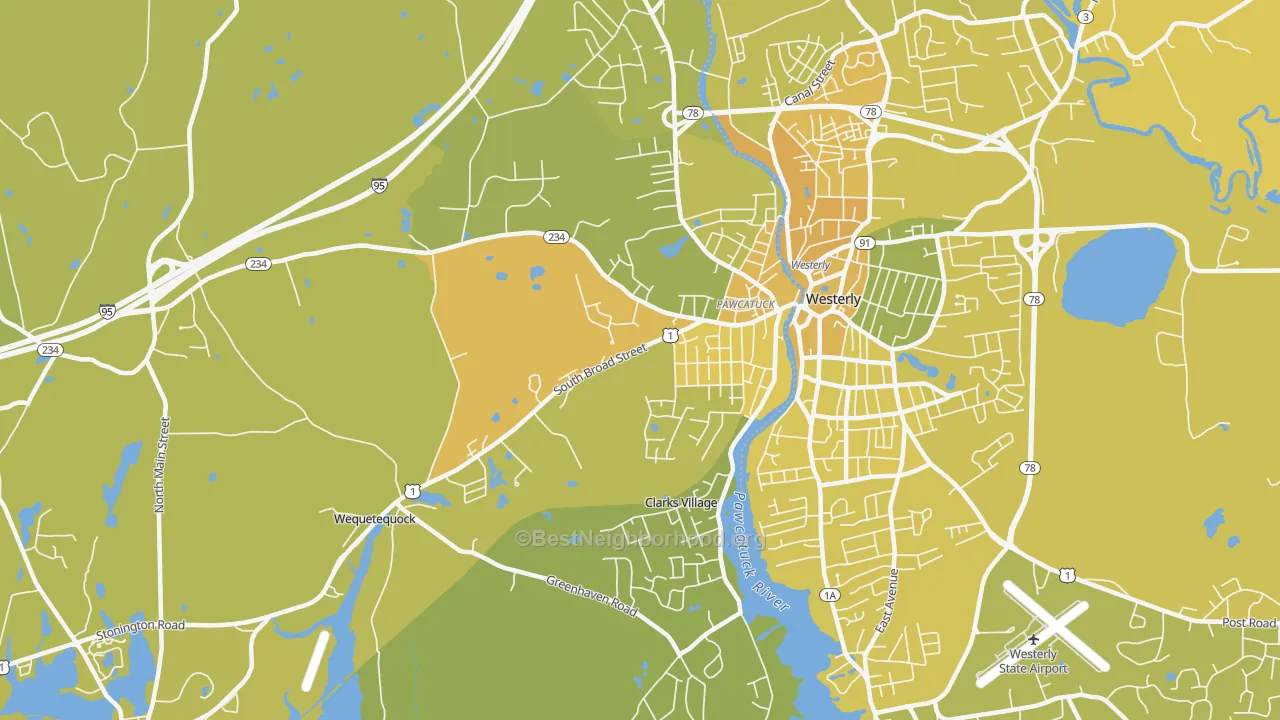 Map of the best neighborhoods in the 06379 area, with better matches in green and worse matches in red