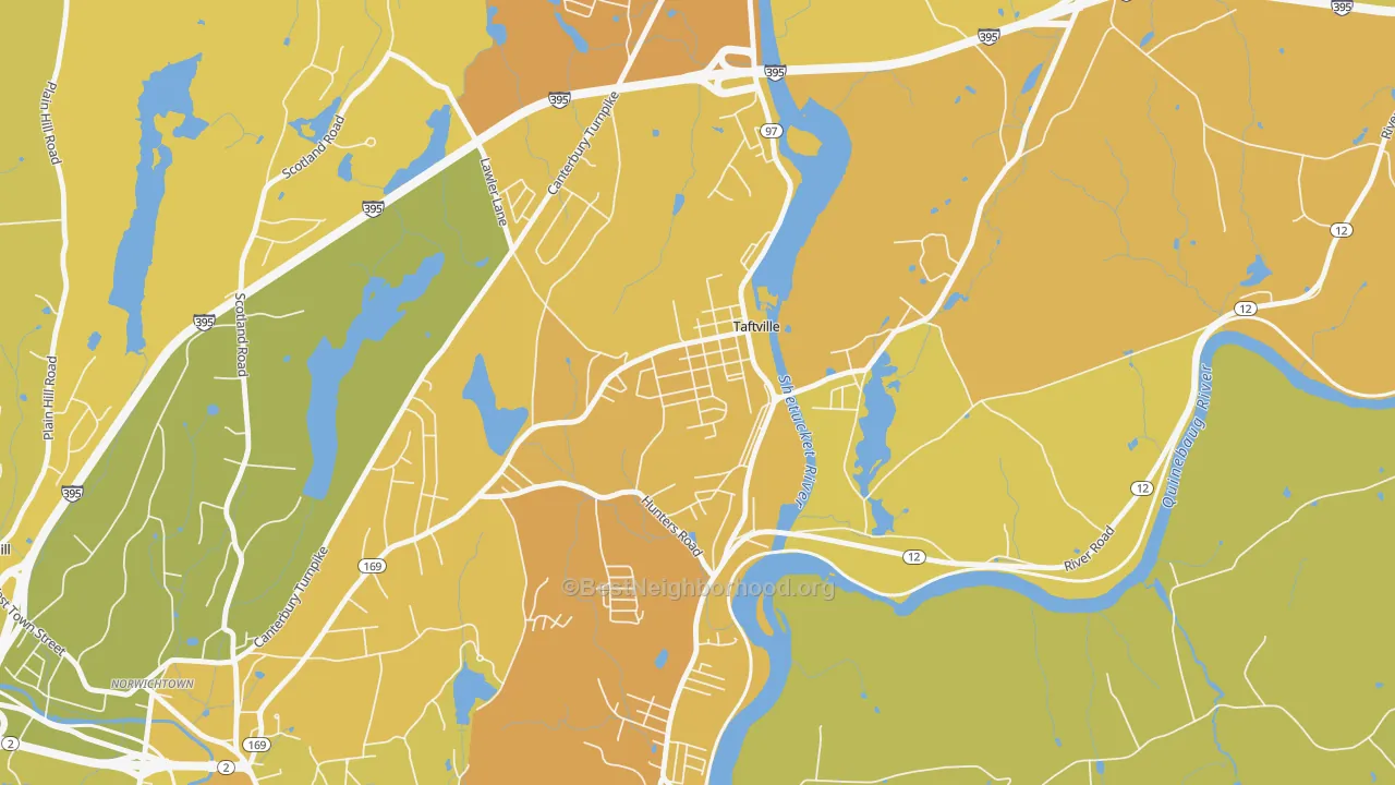 Map of the best neighborhoods in the 06380 area, with better matches in green and worse matches in red