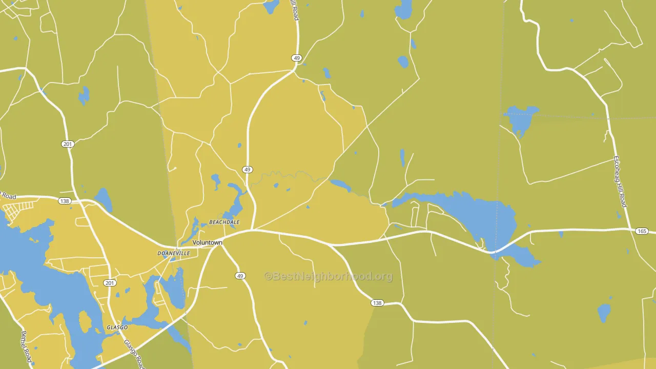 Map of the best neighborhoods in the 06384 area, with better matches in green and worse matches in red
