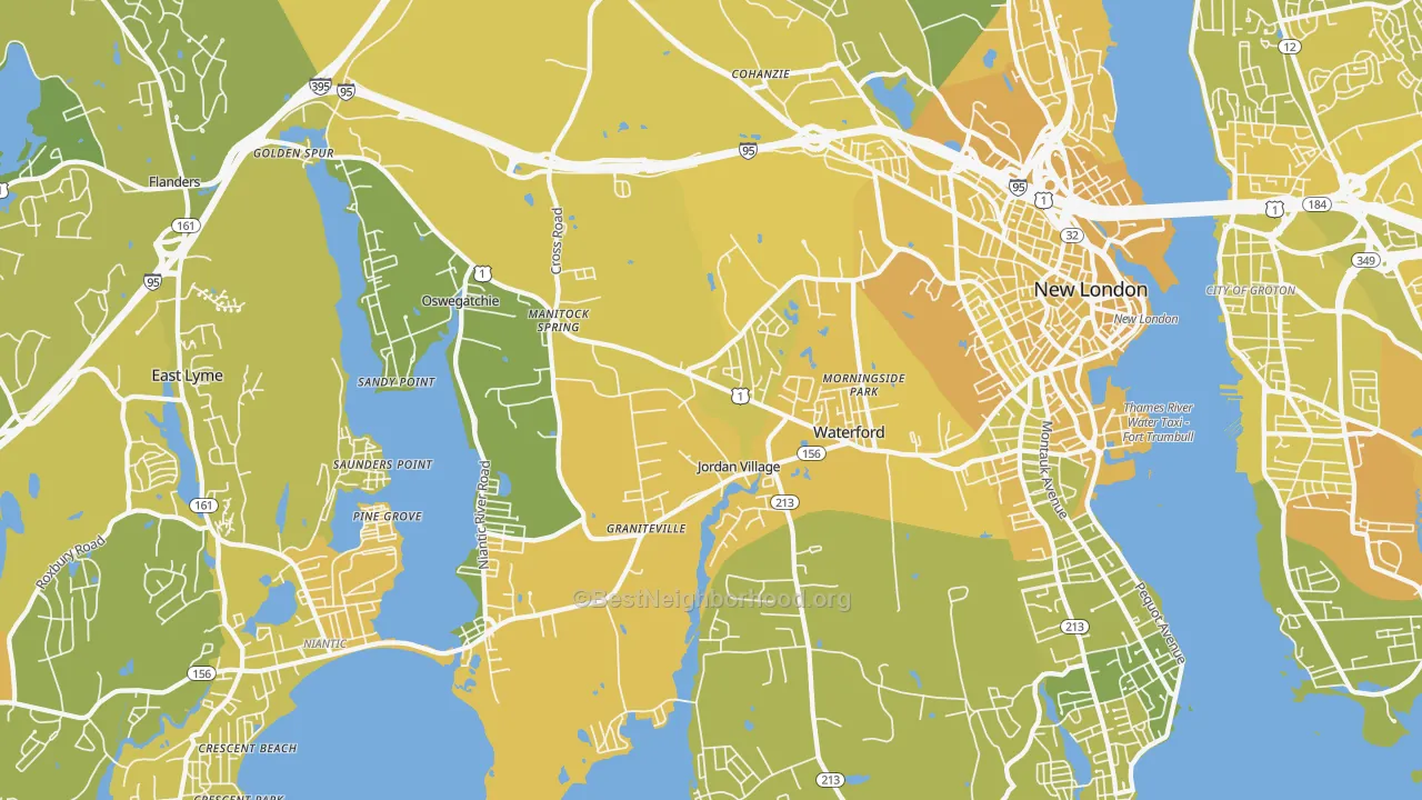Map of the best neighborhoods in the 06385 area, with better matches in green and worse matches in red