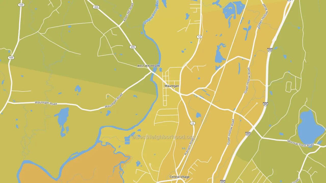 Map of the best neighborhoods in the 06387 area, with better matches in green and worse matches in red