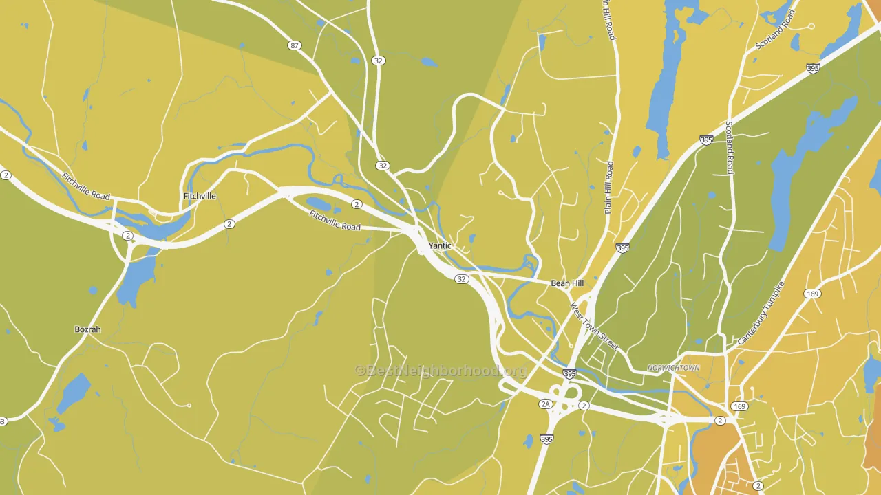 Map of the best neighborhoods in the 06389 area, with better matches in green and worse matches in red