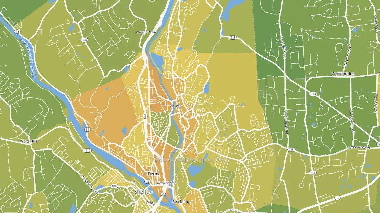Map of the best neighborhoods in the 06401 area, with better matches in green and worse matches in red