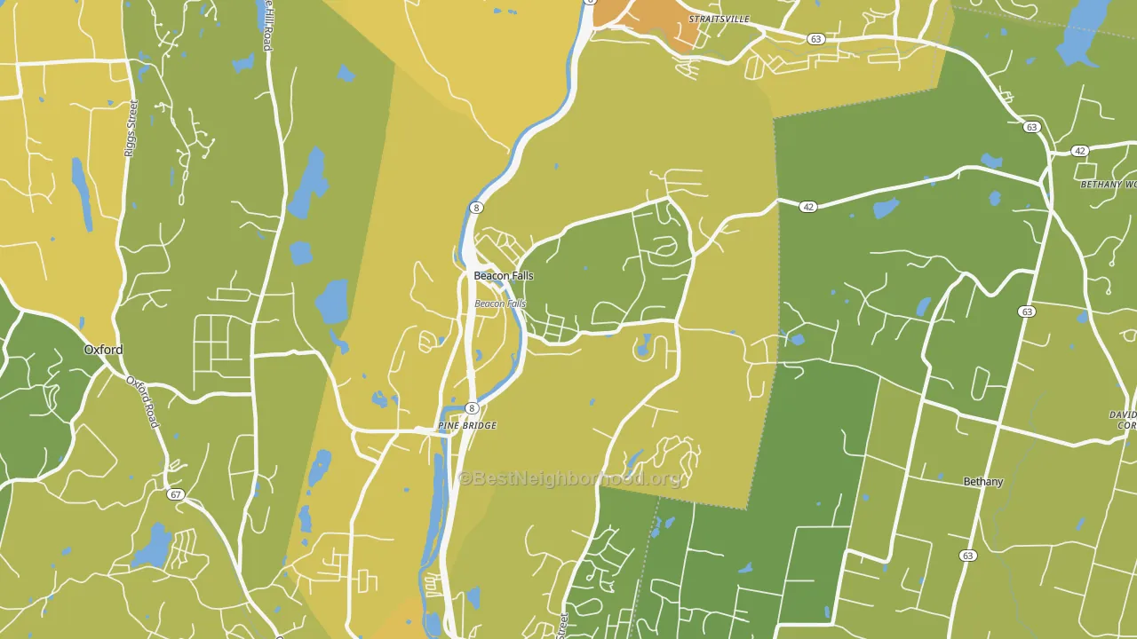Map of the best neighborhoods in the 06403 area, with better matches in green and worse matches in red