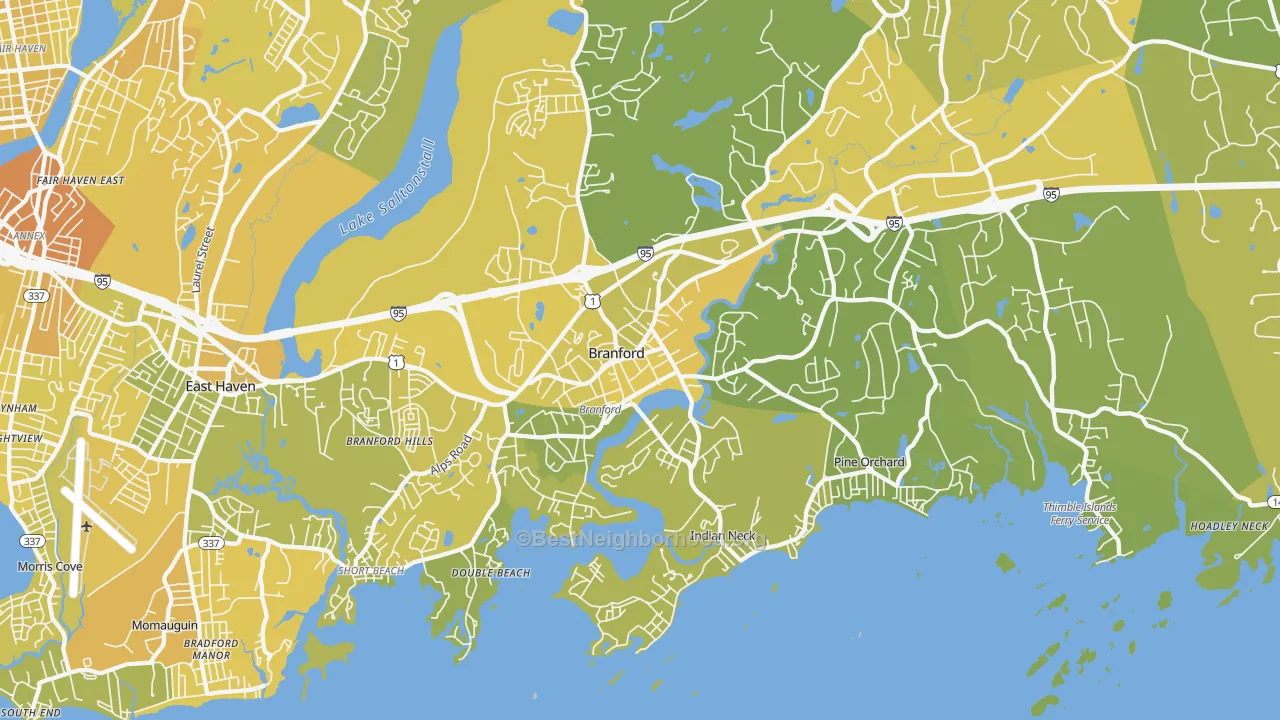 Map of the best neighborhoods in the 06405 area, with better matches in green and worse matches in red